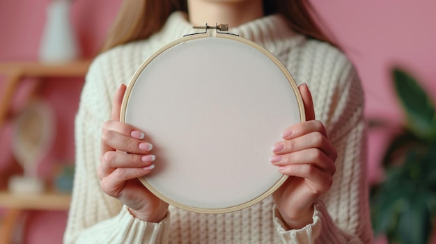 Osoba trzymająca tamborek z haftem